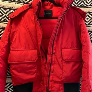 Red everlane Renew heavy weight bomber jacket with removable hood